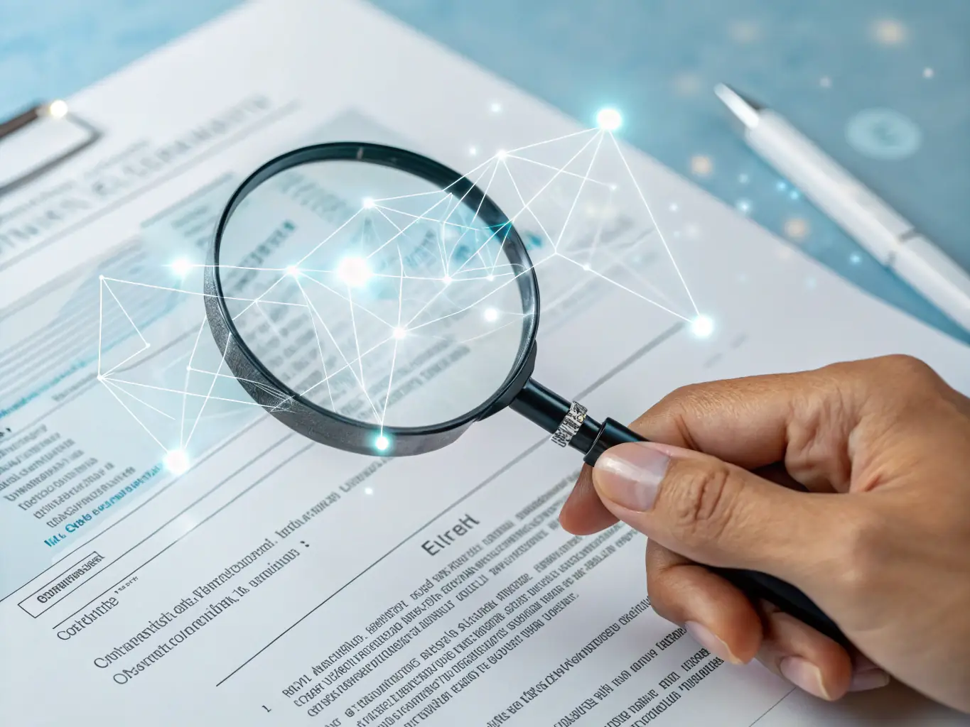 An image depicting a magnifying glass over data, highlighting the accuracy and precision of AI in reducing errors.
