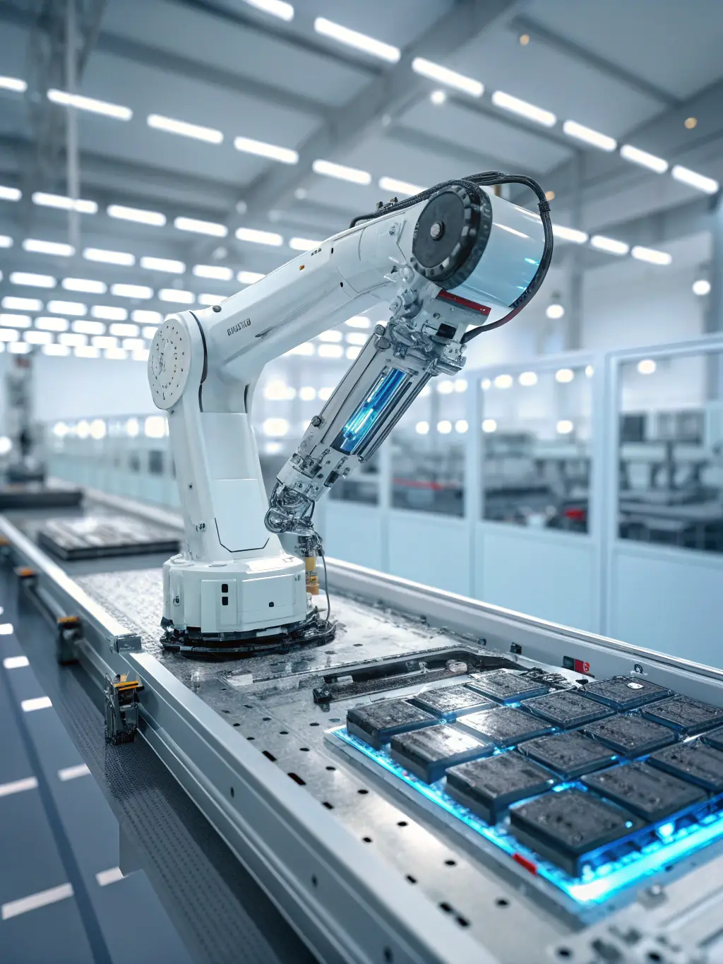 A digital illustration depicting a robot arm efficiently assembling products on a conveyor belt, symbolizing increased productivity through AI automation.