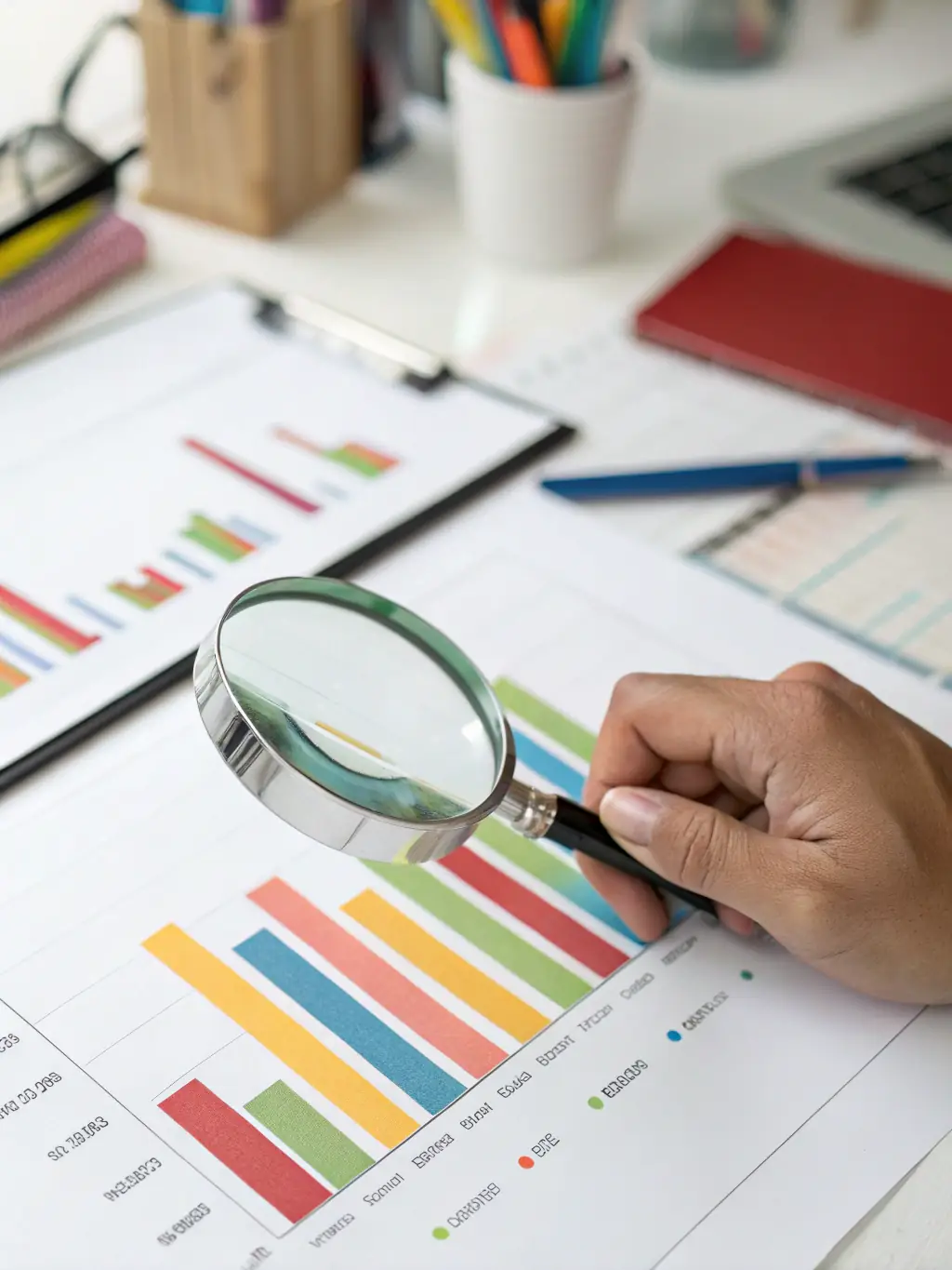 A high-resolution image showing a magnifying glass over a detailed report, highlighting error-free data and improved accuracy through AI.