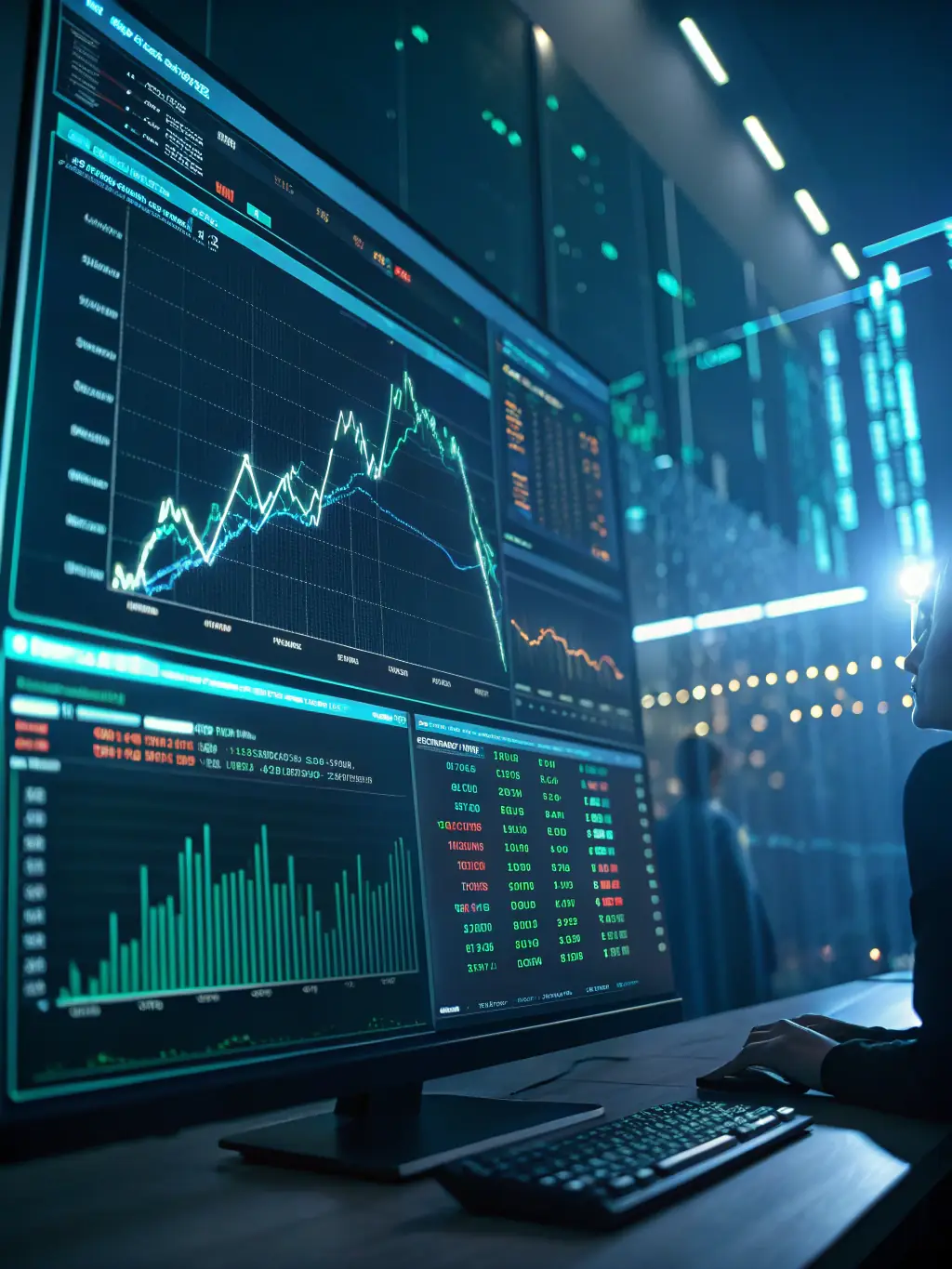 A visual representation of predictive analytics, showing trends and forecasts generated by AI algorithms, emphasizing data-driven decision-making.