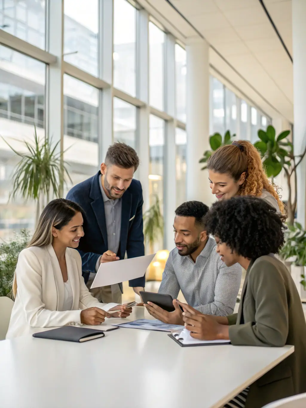 A photograph of a diverse group of people smiling and interacting positively, representing improved customer experience through AI-powered personalized service.