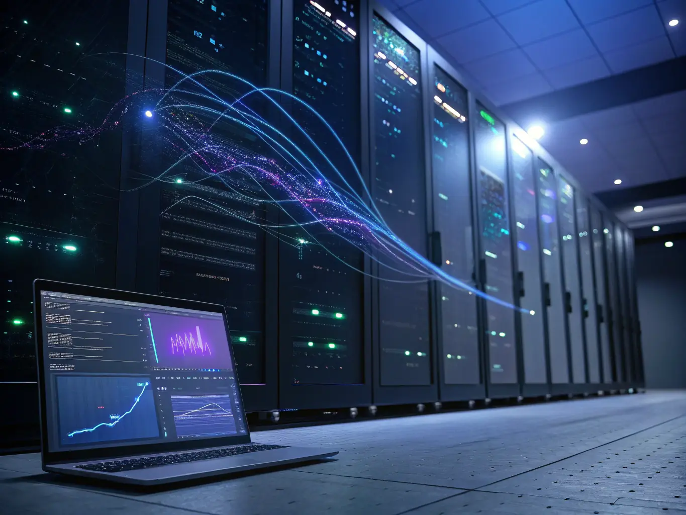 A graphic showing data flowing between different software applications, representing seamless integration through AI-powered automation.