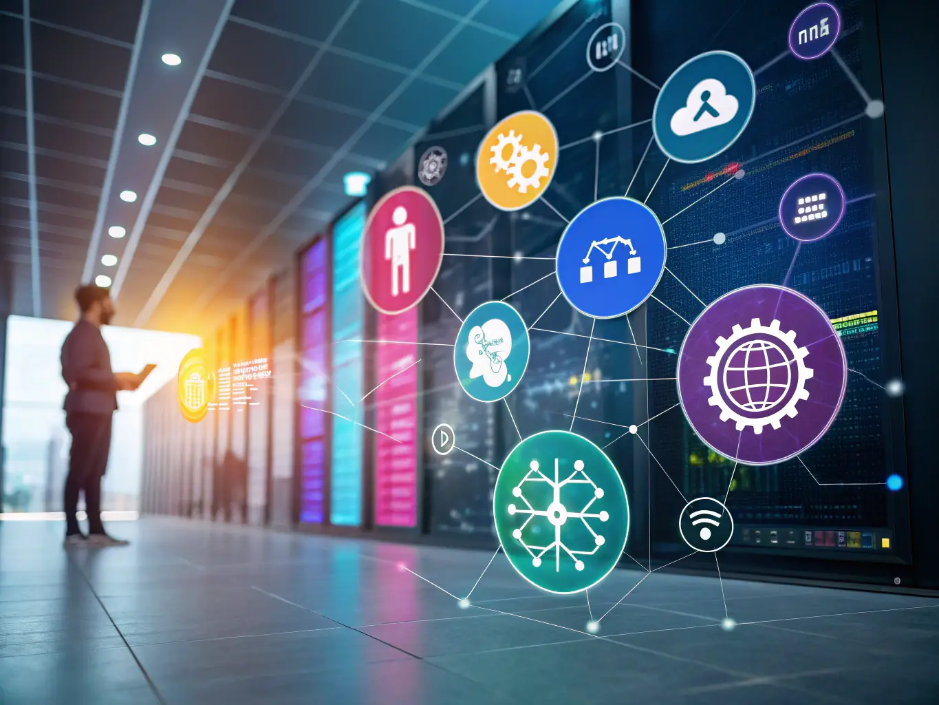 An image showing a digital workflow with interconnected icons representing automation and AI integration, symbolizing increased efficiency.