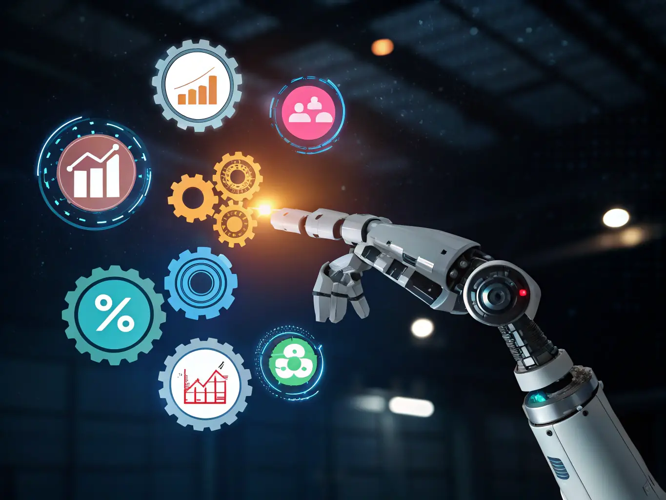 A digital illustration depicting a robot arm interacting with computer interfaces, symbolizing AI automating tasks in an office environment.